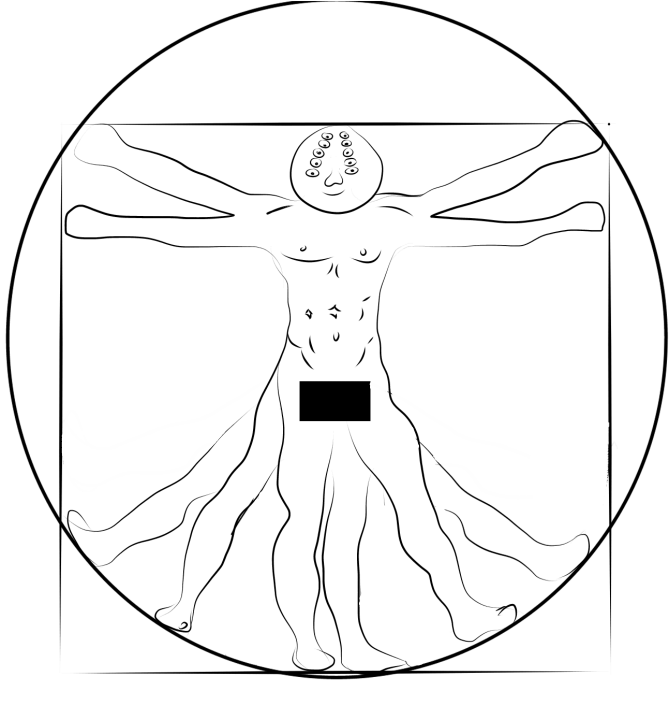 Un homme de vitruve de Léonard de Vinci, un homme avec les bras et jambes écartés dans un cercle et un carré, mais avec 10 yeux, 6 jambes et 8 bras.