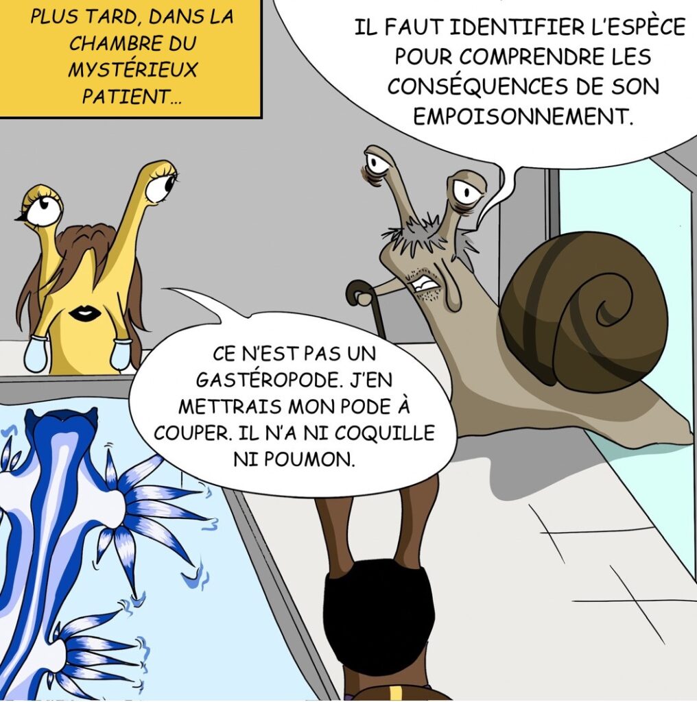 Int. Salle d’hôpital: Case 20: Toute l’équipe du Dr. Coquille est amassée autour de l’individu toujours inerte et dans un aquarium. Le Dr. Coquille entre en boitant. « Plus tard, dans la chambre du patient… » Dr. Coquille Il faut identifier l’espèce pour comprendre les conséquences de son empoisonnement. Dr. Gasteron Ce n’est pas un gastéropode. J'en mettrais mon pode à couper. Il n’a ni coquille ni poumon. 