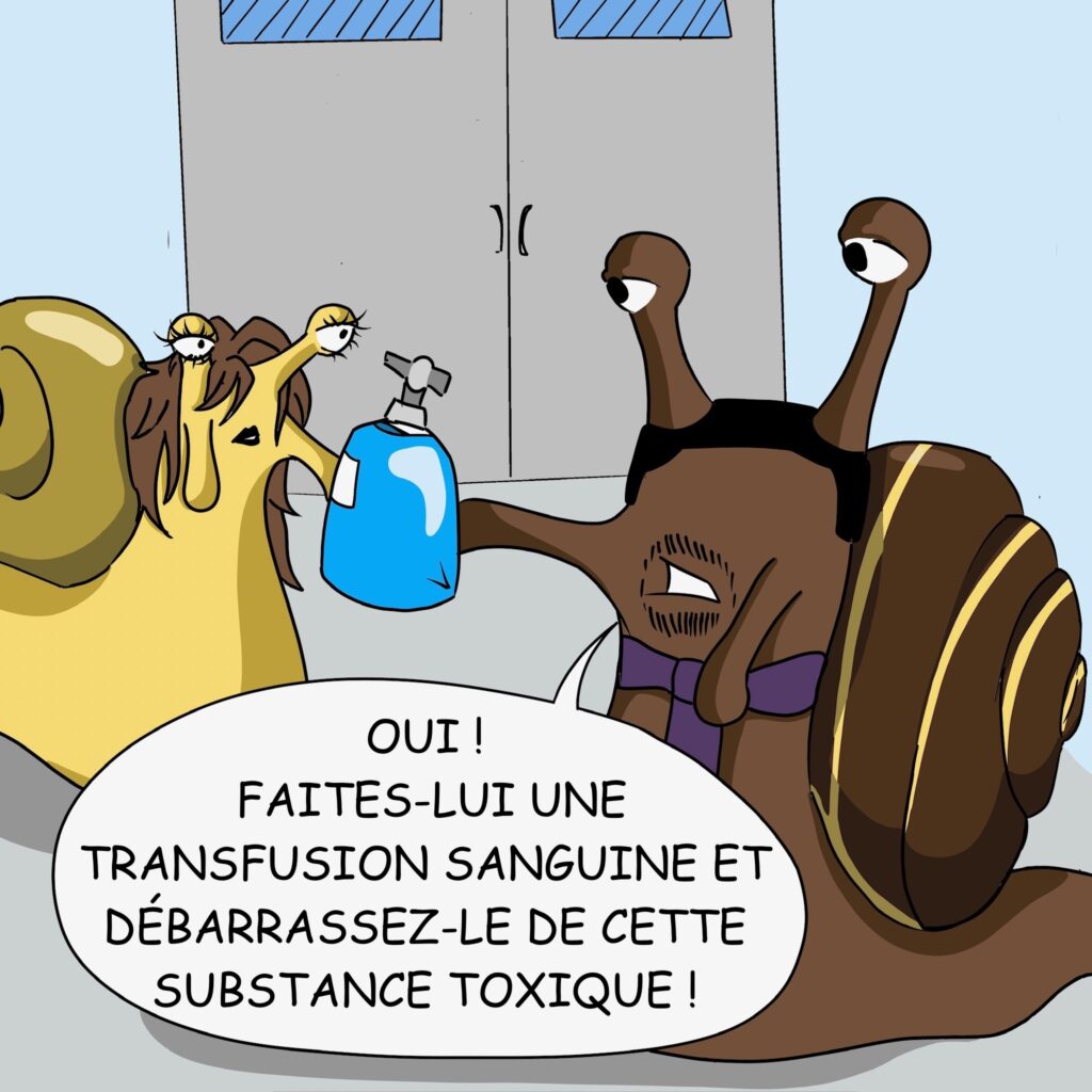 Case 9: Le docteur Foresnail attrappe une poche à perfusion de couleur bleue. Dr Foresnail Oui! Faites-lui une transfusion sanguine et débarrassez-le de cette substance toxique ! 
