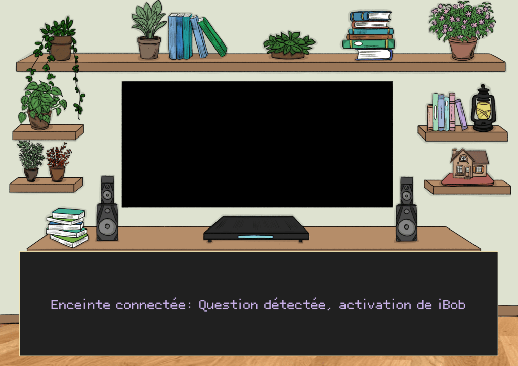 Changement de fond pour télévision Planche 4: Plan télévision, fond légèrement flouté, case de texte en bas de page sans personnage. Écran de chargement sur la télé avec l'icône de Bob. Enceinte connectée : Question détectée, activation de iBob 