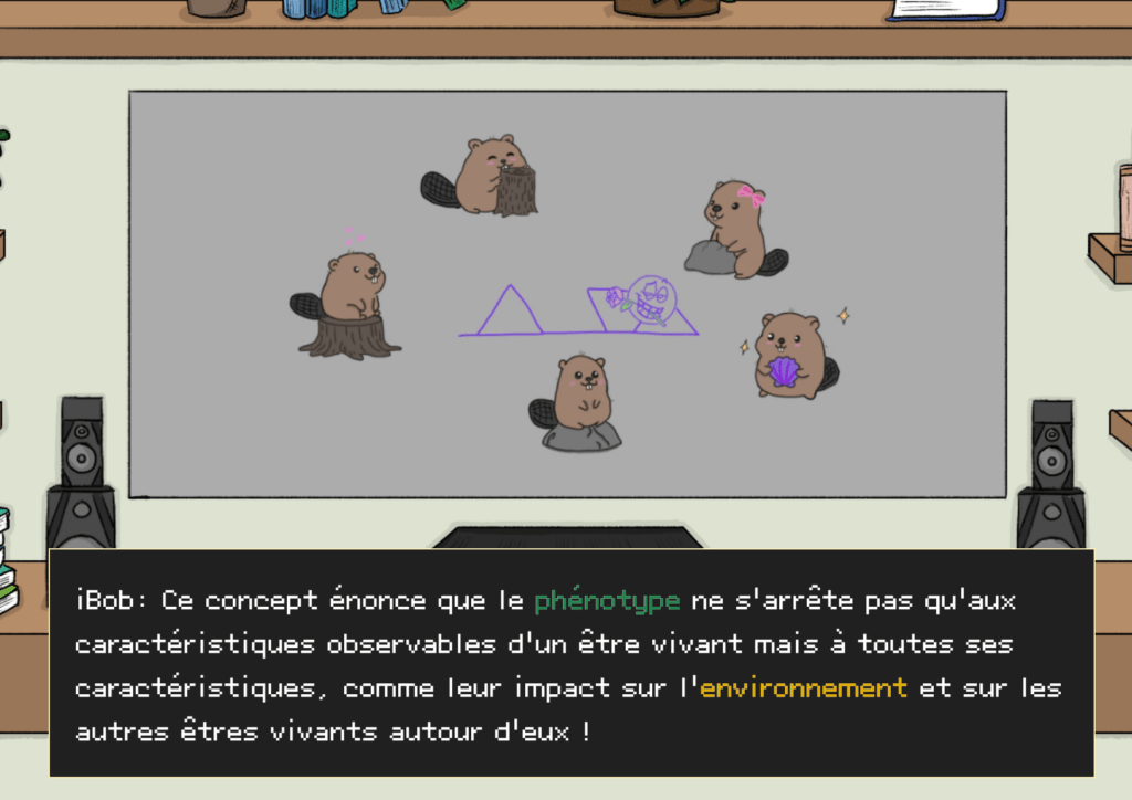 Planche 26: iBob à l’écran, toujours sous la forme de bonhomme bâton mais avec des castors autour de lui iBob: Ce concept énonce que le phénotype ne s’arrête pas qu’aux caractéristiques observables d’un être vivant mais à toutes ses caractéristiques, comme leur impact sur l’environnement et sur les autres êtres vivants autour d’eux ! 